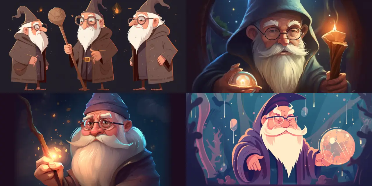 Create an illustration of a grumpy, yet loveable, elderly wizard character for a Cartoon Character Design. The wizard should be surrounded by {{magical_object_1}}, {{magical_object_2}}, and {{magical_object_3}}. Emphasize their grumpy expression, but with hints of warmth in their eyes to show their loveable side. The style should be charming and whimsical, reminiscent of Studio Ghibli, capturing the essence of a magical world. Use bright and enchanting colors, such as {{color_1}}, {{color_2}}, and {{color_3}}, for both the wizard's outfit and the surrounding magical objects. The artwork may be created in any medium, including watercolor, digital, or ink, as long as it embodies the desired mood and style.