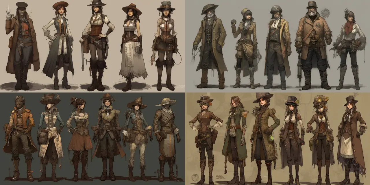 Create a {{style_1}} steampunk-inspired clothing line concept art, incorporating {{material_1}} gears, {{material_2}} leather, and {{material_3}} brass accents, featuring {{number_1}} distinct outfits for {{character_1}} and {{character_2}}. Emphasize on unique {{accessory_1}}, intricate {{accessory_2}}, and stylish {{footwear_1}} while designing the collection. Draw inspiration from iconic artists like {{artist_1}} and {{artist_2}} and incorporate elements from {{art_style_1}} and {{art_style_2}} artistic styles for a truly mesmerizing visual impact. Present the final concept art in a {{medium_1}} format for showcasing the detailed craftsmanship and embodying the true essence of a steampunk-inspired clothing line.