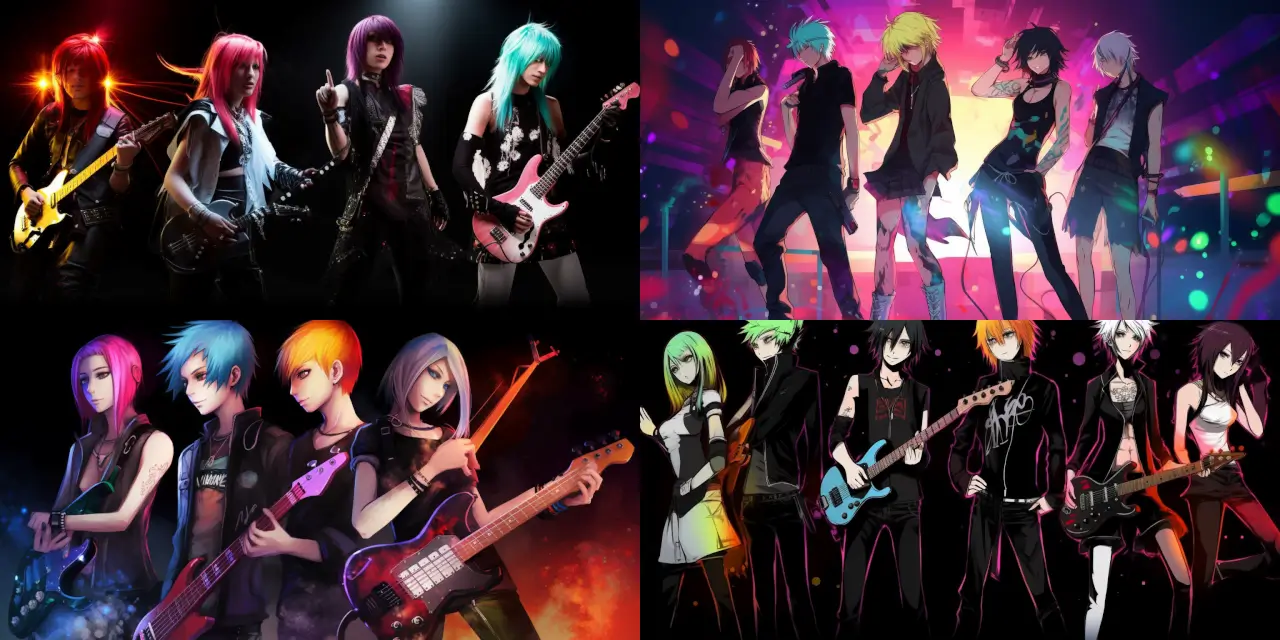 Envision an anime rock band, consisting of {{number_of_members}} members, each wearing trendy, avant-garde outfits inspired by {{fashion_inspiration}} and playing futuristic instruments with vivid colors and lights on stage. Capture the essence of their unique personalities and roles within the band through detailed anime portraits, showcasing their {{emotions_1}} and {{emotions_2}} expressions, along with their mesmerizing stage presence. The scene should be set in a {{venue_type}} filled with an enthusiastic audience, emphasizing the band's popularity and success in the music world.