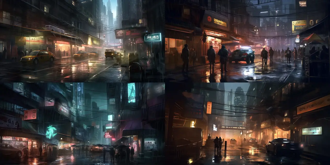 Design a chaotic crime scene in a crowded {{city_district}}, with futuristic forensic equipment and {{number_of_investigators}} investigators using advanced holographic technology to analyze the scene. Incorporate a blend of {{art_style_1}} and {{art_style_2}} art styles, inspired by the works of {{artist_1}} and {{artist_2}}. Emphasize the stark contrast between the vibrant city lights and the dark, mysterious atmosphere of the crime scene.