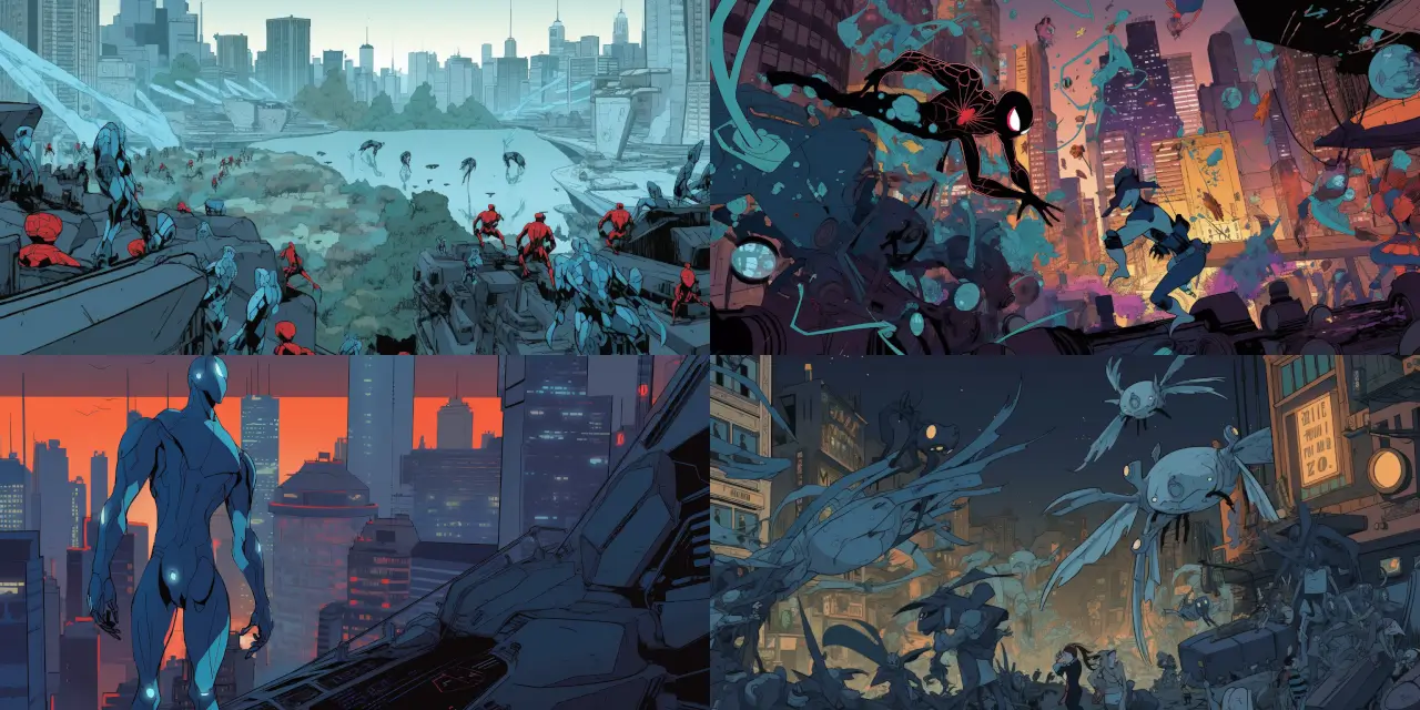 In a 2D animated world, a crime-fighting superhero wearing their iconic {{costume}}, battles an army of evil {{robot_type}} robots threatening the safety of a futuristic cityscape, complete with {{futuristic_element_1}} and {{futuristic_element_2}}. The hero's color schemes and symbol on their {{costume}} express their unyielding dedication to upholding justice. Capture the high-intensity action of the hero using their unique {{superpower}} and {{signature_weapon}} against the menacing robots amidst a vivid, solarpunk-inspired environment, abundant with advanced technology, sustainable living, and innovative architectural design. Evoke a sense of hope and imagination, as the hero triumphs over adversity in this thrilling visual adventure.