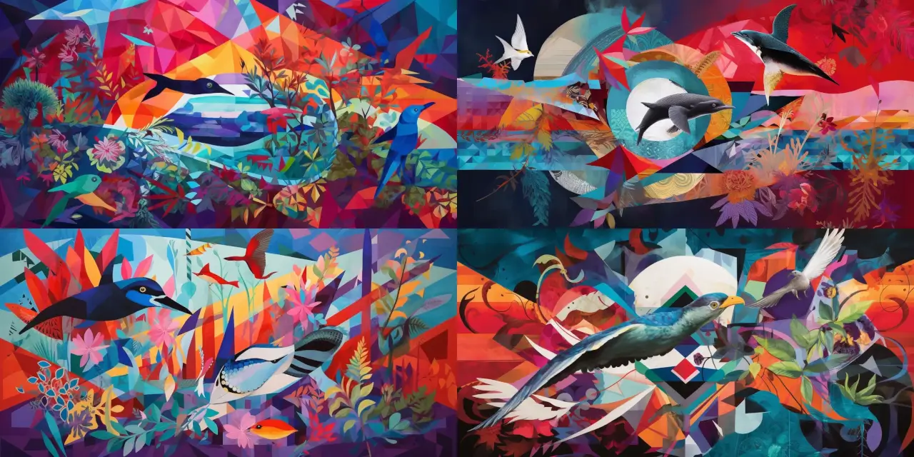 Captivating collage art depicting a harmonious fusion of nature's elements, such as {{animal_1}}, {{animal_2}}, {{plant_1}}, {{plant_2}}, and {{weather_event}}, intertwined with geometric shapes like {{shape_1}}, {{shape_2}}, and {{shape_3}}, presented in a powerful blend of bold colors including {{color_1}}, {{color_2}}, and {{color_3}}.