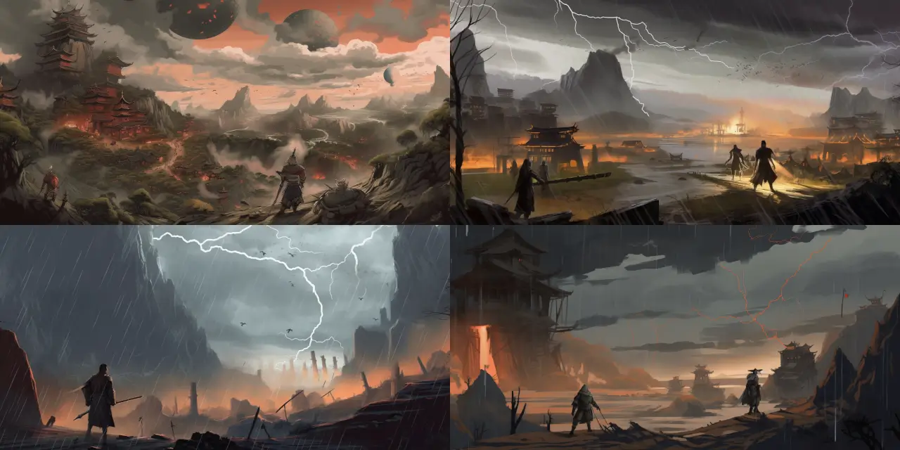 Depict a dramatic {{setting_1}} battlefield in an {{art_style_1}} filled with fierce {{character_1}} clashing {{weapon_1}} and {{magic_style_1}}, while the {{location_2}} around them is engulfed in {{natural_phenomenon_1}}. Include the term "Anime-Styled Game Art" at the end of the prompt for clarity.