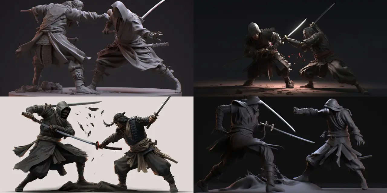 Depict an intense action scene featuring {{number_of_characters}} characters: a {{character_1}}samurai engaging in hand-to-hand combat with a {{character_2}}ninja, set in {{setting}}feudal Japan. Capture the {{adjective_1}}swift and precise movements, {{adjective_2}}dynamic poses, and impactful {{theme_1}}clashes between their weapons. Emphasize the {{emotion_1}}determination and focus in their eyes, and include intricate, {{detail_1}}historically accurate details of their attire and surroundings. Render this scene in {{art_style}}manga style illustrations, inspired by {{artist_reference}}artists such as Katsuya Terada or Hirohiko Araki, and incorporate a touch of the {{additional_style}}surreal or fantastical to heighten the tension and visual interest.