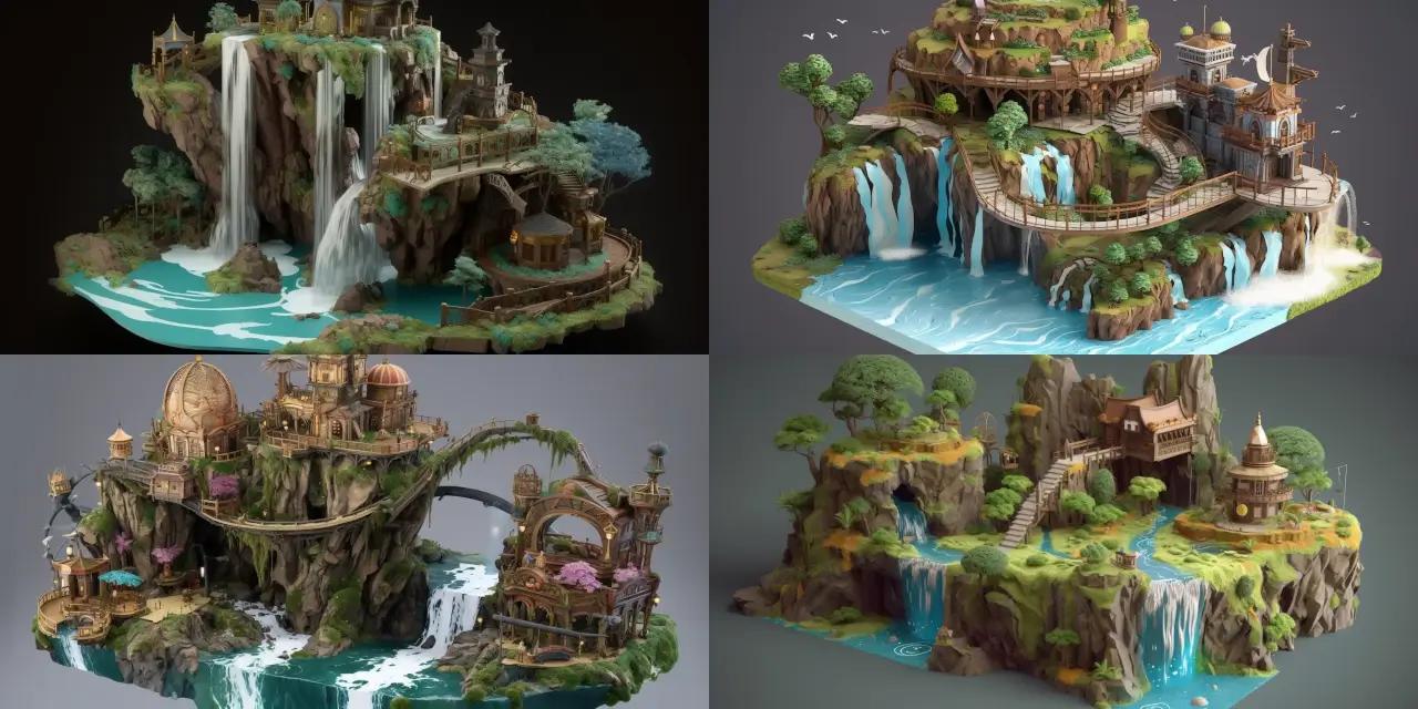 Illustrate a majestic floating island with {{number_of_waterfalls}} waterfalls, {{number_of_magical_creatures}} magical creatures, and ancient ruins for 3D Printing. The island should have a {{art_style}} aesthetic, featuring elements such as {{element_1}}, {{element_2}}, and {{element_3}}. It should evoke a sense of {{strong_feeling_or_theme}} and be inspired by the works of {{artist_1}} and {{artist_2}}. The final product should be suitable for a high-quality {{medium_type}} medium with intricate detail and rich coloration.