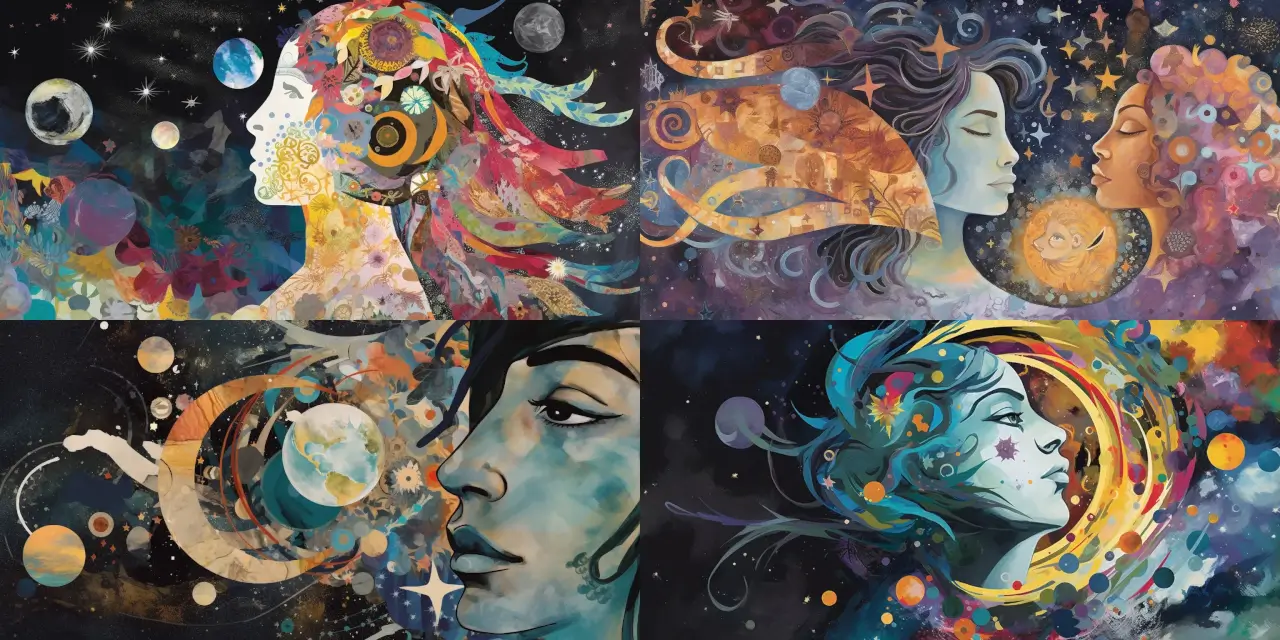 Create a celestial-themed collage art piece that intertwines cosmic imagery, such as {{cosmic_object_1}}, {{cosmic_object_2}}, and {{cosmic_object_3}}, with scientific diagrams of {{diagram_subject_1}} and {{diagram_subject_2}}, alongside astrological symbols representing {{astrological_sign_1}}, {{astrological_sign_2}}, and {{astrological_sign_3}}. Capture the essence of a mystical and interconnected cosmos, while exploring styles like {{art_style_1}}, {{art_style_2}}, and {{art_style_3}}. Consider incorporating unique elements from renowned artists like {{artist_name_1}}, {{artist_name_2}}, or {{artist_name_3}} to enhance the composition. Use a medium of your choice, such as {{medium_1}}, {{medium_2}}, or {{medium_3}}, that best conveys the ethereal and celestial nature of the artwork.