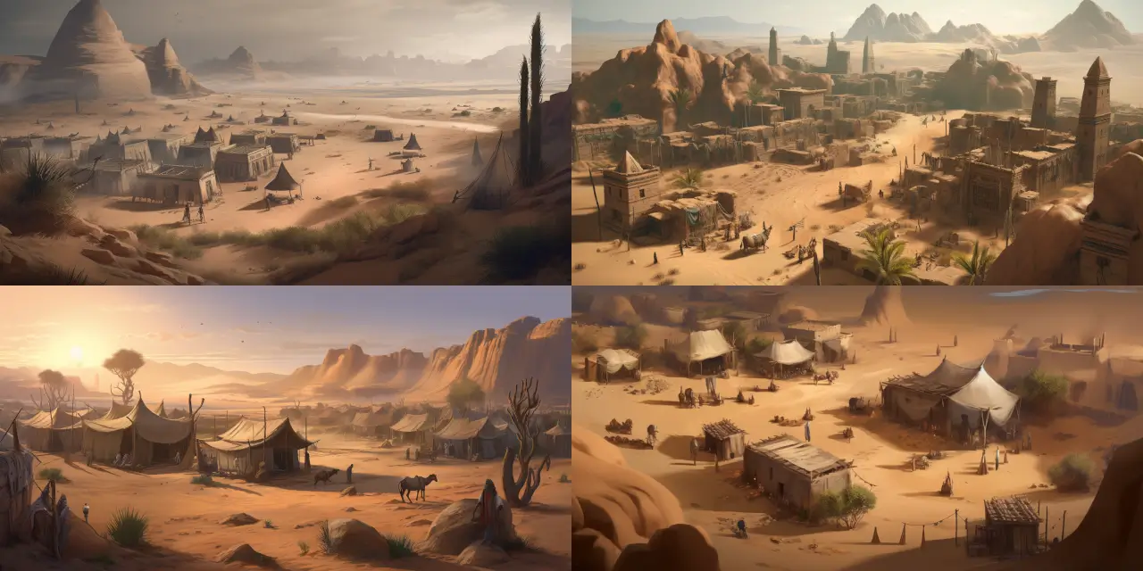 Visualize a sprawling desert environment featuring {{nomadic_tribe_count}} nomadic tribes with diverse cultures, intricate {{underground_city_count}} underground cities, and enigmatic ancient monuments, in Game Environment Art. This vast landscape should include majestic sand dunes, hidden oases, and treacherous sandstorms. The nomadic tribes' attire, weaponry, and transports should reflect their distinct traditions and adaptability to the harsh conditions. The underground cities showcase advanced engineering and secretive societies, while the mysterious ancient monuments, inspired by {{monument_artist}}, evoke a sense of awe, curiosity, and the passage of time. For artistic style, consider incorporating elements of {{artistic_style_1}}, {{artistic_style_2}}, and {{artistic_style_3}} for a unique, visually captivating game environment.
