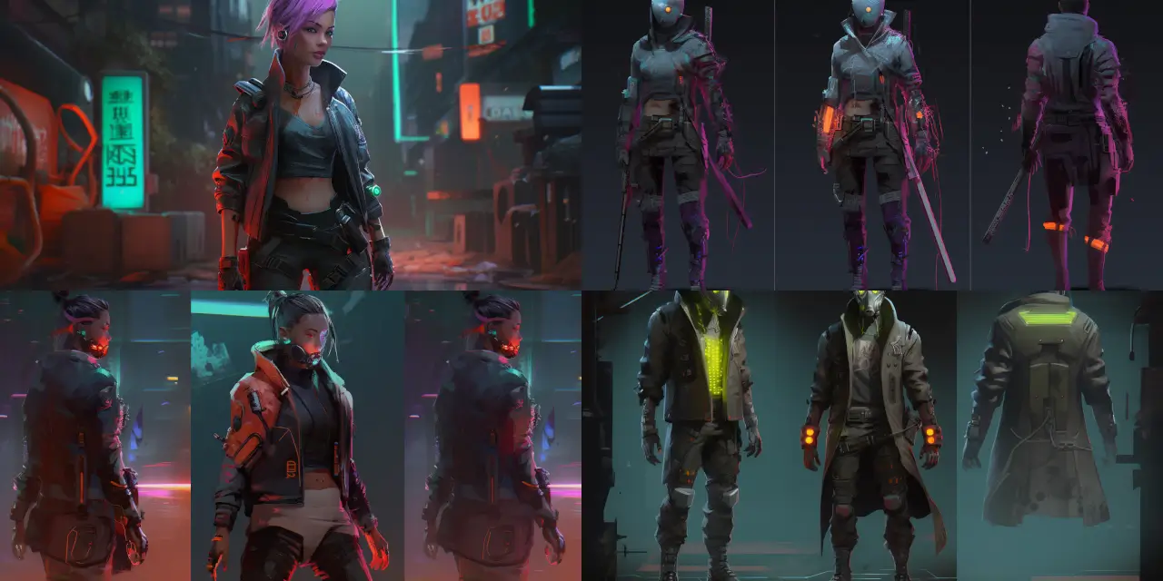 Design a {{setting_1}} game character, featuring a cyberpunk warrior equipped with a {{feature_1}} and clothed in a neon-colored outfit. Capture the essence of a {{style_1}} world, incorporating elements such as {{detail_1}}, {{detail_2}}, and {{detail_3}}. The warrior should emanate a strong {{theme_1}}, with a distinct nod to the works of artists like {{artist_1}} and {{artist_2}}. Utilize a {{medium_1}} to bring this character to life, showcasing their unique abilities, personality traits, and innovative design.