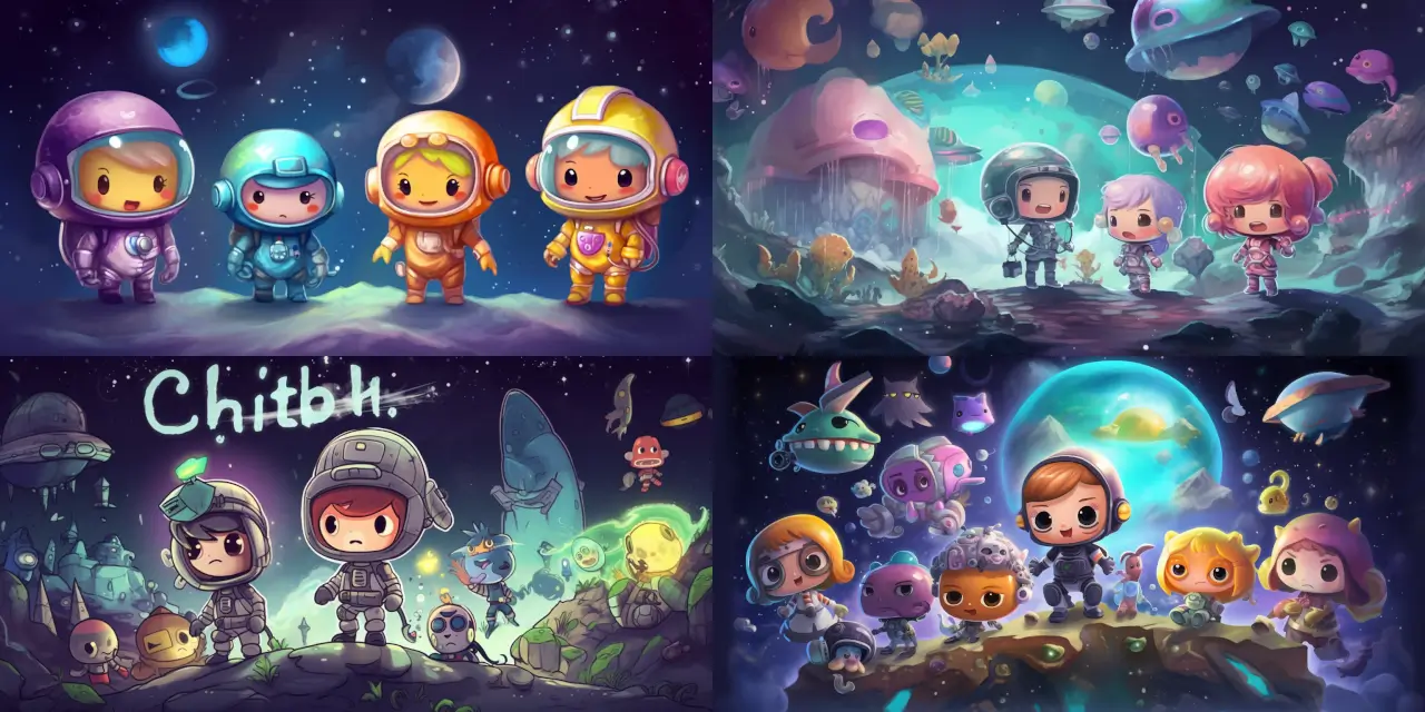 Design a chibi style outer space adventure showcasing a diverse team of {{number_of_astronauts}} cute astronauts, each with their own unique {{outfit_1}}, {{outfit_2}}, and {{outfit_3}}, exploring surreal, dreamlike planets teeming with {{planet_inhabitant_1}}, {{planet_inhabitant_2}}, and {{planet_inhabitant_3}}. Capture the whimsical interactions between the astronauts and the inhabitants in a vivid {{art_medium}} scene, showcasing the rich and fantastical landscapes of these {{planet_theme_1}} and {{planet_theme_2}} planets. Emphasize the sense of wonder, friendship, and exploration in this chibi style art piece.