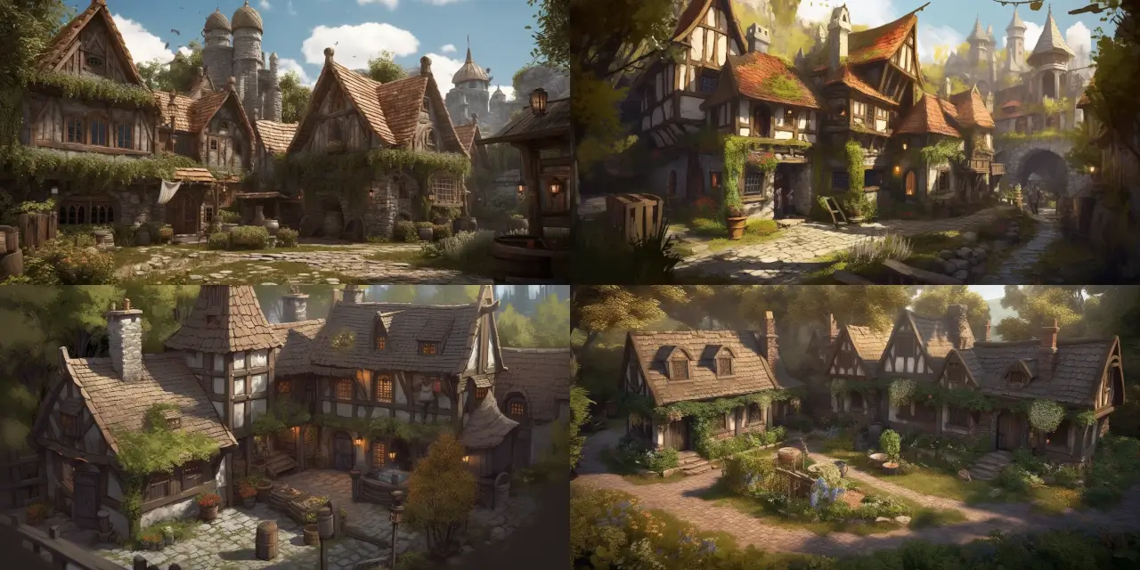 Design an enchanting, medieval-themed village for a fantasy RPG game, featuring {{building_1}}, {{building_2}}, and {{building_3}} with detailed architecture in styles such as {{style_1}} and {{style_2}}. Incorporate lush surroundings consisting of {{vegetation_1}}, {{vegetation_2}}, and {{vegetation_3}}. Include natural elements such as a flowing {{river}}, cobblestone pathways, and {{additional_element}} to enhance the magical atmosphere. Ensure coherence with the mystical environment and create 2D & 3D game assets for a truly captivating gaming experience.