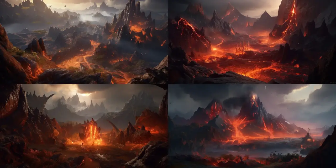 Conjure a perilous {{landscape_theme}} volcanic landscape featuring {{number_of_rivers}} rivers of molten lava, steaming vents, and {{number_of_dragons}} majestic dragon-like creatures soaring above, all meticulously crafted in Game Environment Art style. This fiery realm should evoke a potent sense of {{emotion_1}} and showcase stunningly realistic {{style_1}} visual effects that emphasize the heat, flames, and dramatic scope of the environment, accompanied by the stark contrast between the blazing {{lava_color}} lava and the surrounding {{terrain_color}} terrain. Capture the essence of a dynamic, living world where danger and beauty coexist, inspired by the works of artists such as {{artist_1}} and {{artist_2}}.