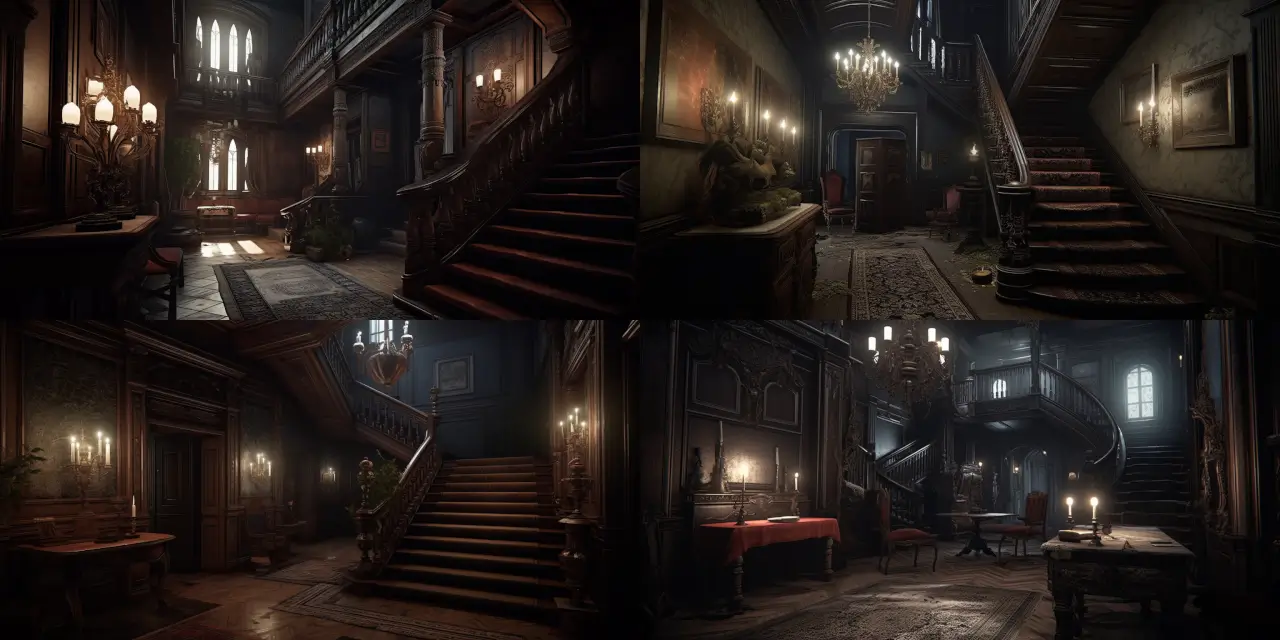 Design a {{haunting_description}} and {{atmospheric_description}} Victorian-era mansion with {{rich_detail_1}} and {{rich_detail_2}} rooms, as well as {{secret_passageways}} for a narrative-driven horror game. Capture the {{essence_1}} of opulent decay and {{essence_2}} supernatural encounters with {{moody_lighting}} and {{eerie_decor}}. Incorporate both 2D & 3D game assets to represent a blend of styles, such as {{art_style_1}} and {{art_style_2}}, that evoke the works of artists like {{artist_1}} and {{artist_2}}. Consider including unique elements like a {{unique_element_1}} or a {{unique_element_2}} to enhance the sense of {{strong_emotion_or_theme}} within the game environment.