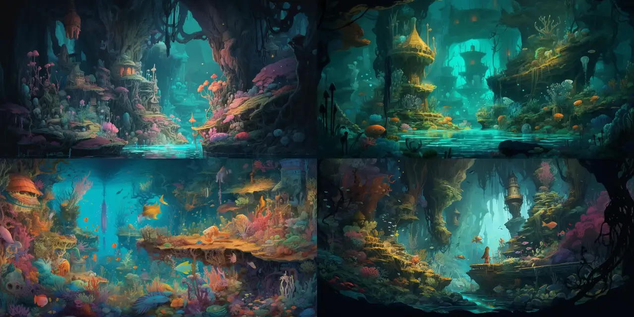 A 2D animated scene illustrating the enchanting underwater kingdom of {{kingdom_name}}, populated by diverse mermaids, {{fish_quantity}} varieties of fish, and various sea creatures. This fantastical realm is adorned with vibrant coral reefs and mysterious underwater ruins, which tell the ancient stories of {{forgotten_civilization}}. Capture the essence of adventure, wonder, and the harmony of underwater life in the artistic style of {{animation_influence}}, while incorporating elements inspired by renowned artists such as {{artist_name_1}} and {{artist_name_2}}. Convey a sense of {{theme_1}} and {{theme_2}} as you immerse the viewer in this magical world beneath the waves.