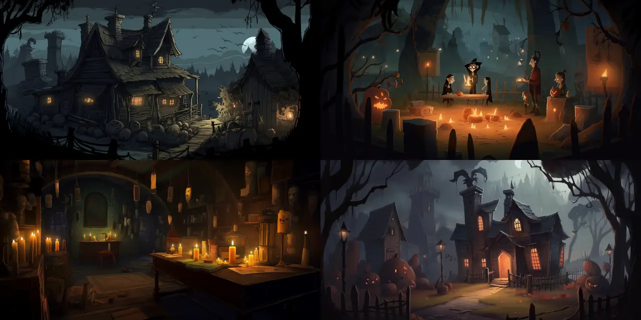 Create a spine-chilling Halloween-themed scene set in a {{location}}, where cartoon monsters like {{monster_1}}, {{monster_2}}, and {{monster_3}} gather together for a lively celebration. Incorporate eerie elements such as {{element_1}}, {{element_2}}, and {{element_3}} to enhance the atmosphere. Capture the essence of the festivities with a detailed storyboard that highlights the key moments and interactions among the creatures.