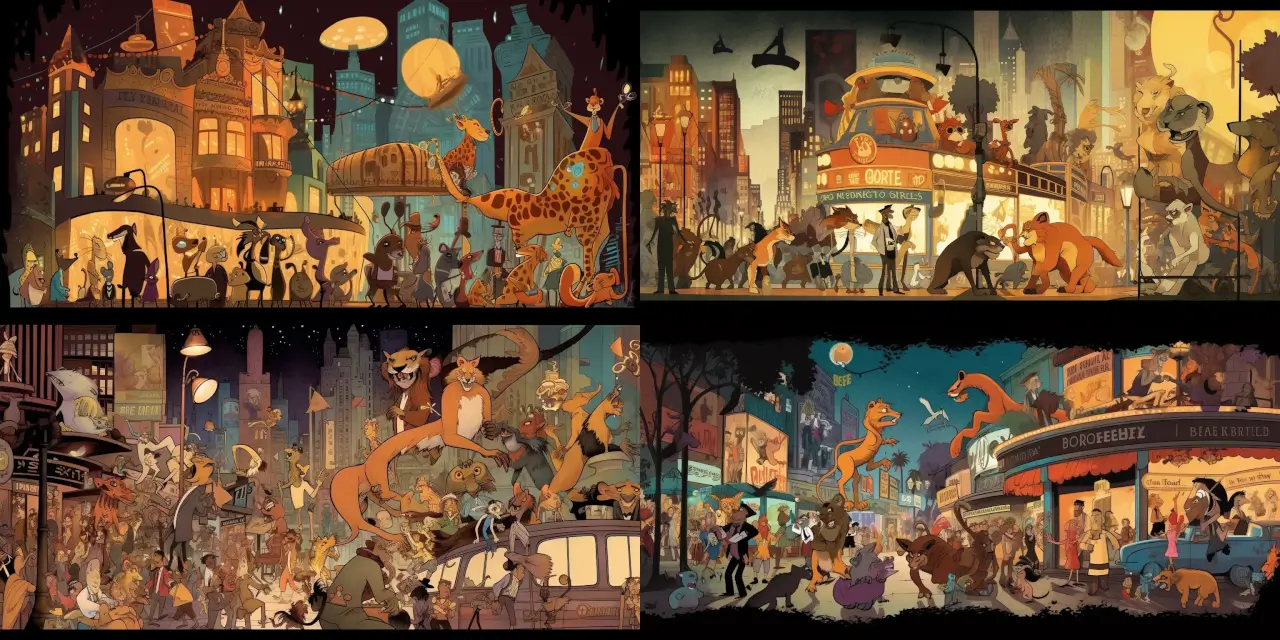 A vibrant urban city nightlife scene, featuring {{number_of_animals}} anthropomorphic animals engaging in various activities such as dancing at {{club_name}}, dining at {{restaurant_name}}, and attending a theatre production of {{theatre_play}}. These animal characters should showcase a diverse range of species and styles, akin to the works of {{inspired_artist}}. The city backdrop should include elements of {{art_style}} and {{medium}} to emphasize the lively atmosphere and unique architecture within the scene. The piece should evoke a strong feeling of {{theme}}, creating a captivating, immersive experience for the viewer.
