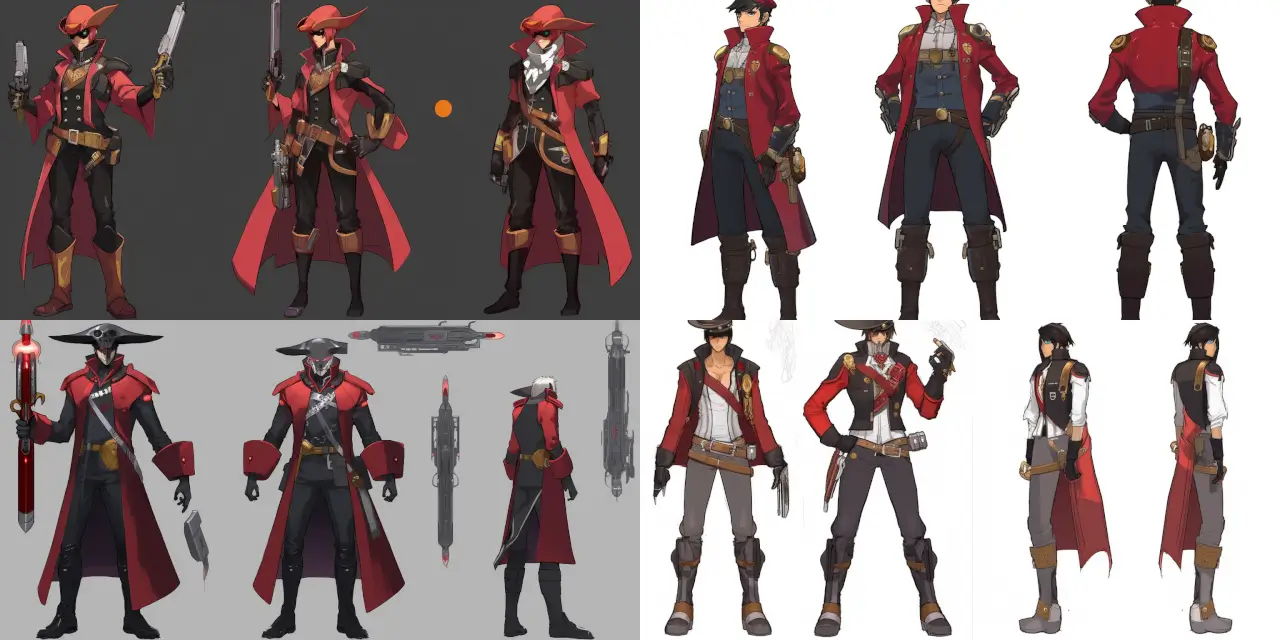 Create an anime space pirate character, {{character_name}}, who seamlessly combines classic pirate elements such as {{classic_pirate_item_1}}, {{classic_pirate_item_2}}, and {{classic_pirate_item_3}} with cutting-edge, futuristic sci-fi gear like {{sci_fi_gear_1}}, {{sci_fi_gear_2}}, and {{sci_fi_gear_3}} for an unforgettable Anime Character Design. Be sure to include attributes such as a striking {{color}}, a unique sense of {{trait}}, and multiple representations of {{emblem_1}} and {{emblem_2}} insignias on clothing and items. The design should be a perfect blend of swashbuckling adventure and immersive world-building in the style of anime greats like Hayao Miyazaki and Masashi Kishimoto.