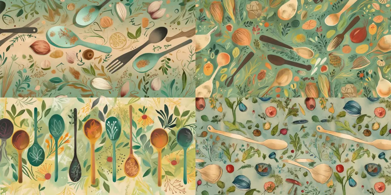Create a unique and eye-catching endpaper design for a cookbook featuring artistic representations of {{utensil_1}}, {{utensil_2}}, and {{ingredient_1}}. The illustration should evoke a sense of {{emotion_1}} and {{emotion_2}}, embracing the creative fusion of culinary art and {{style_1}}. The composition should include elements inspired by the renowned artists {{artist_1}} and {{artist_2}}, while utilizing the medium of {{medium_1}} for a truly mesmerizing visual experience in Recipe & Cookbook Art.