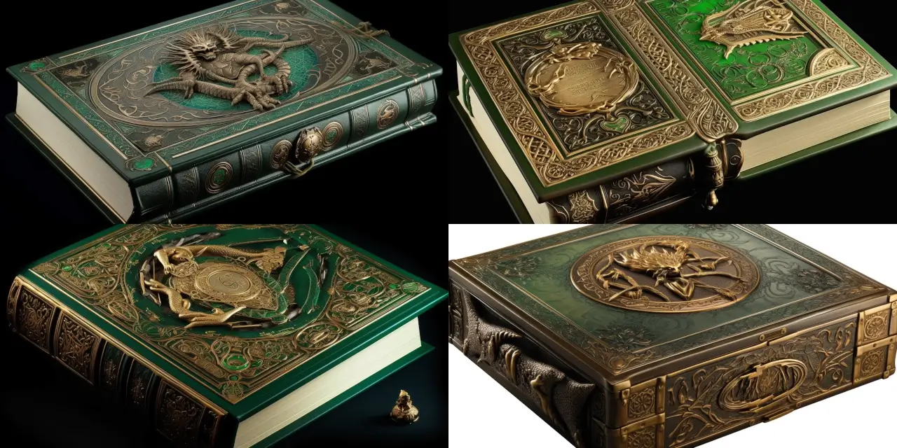 A detailed dynamic prompt for "4. An ancient, leather-bound book floating in midair, radiating a mysterious glow, surrounded by supernatural creatures like dragons, unicorns, and elves. Fantasy Book Cover Art."