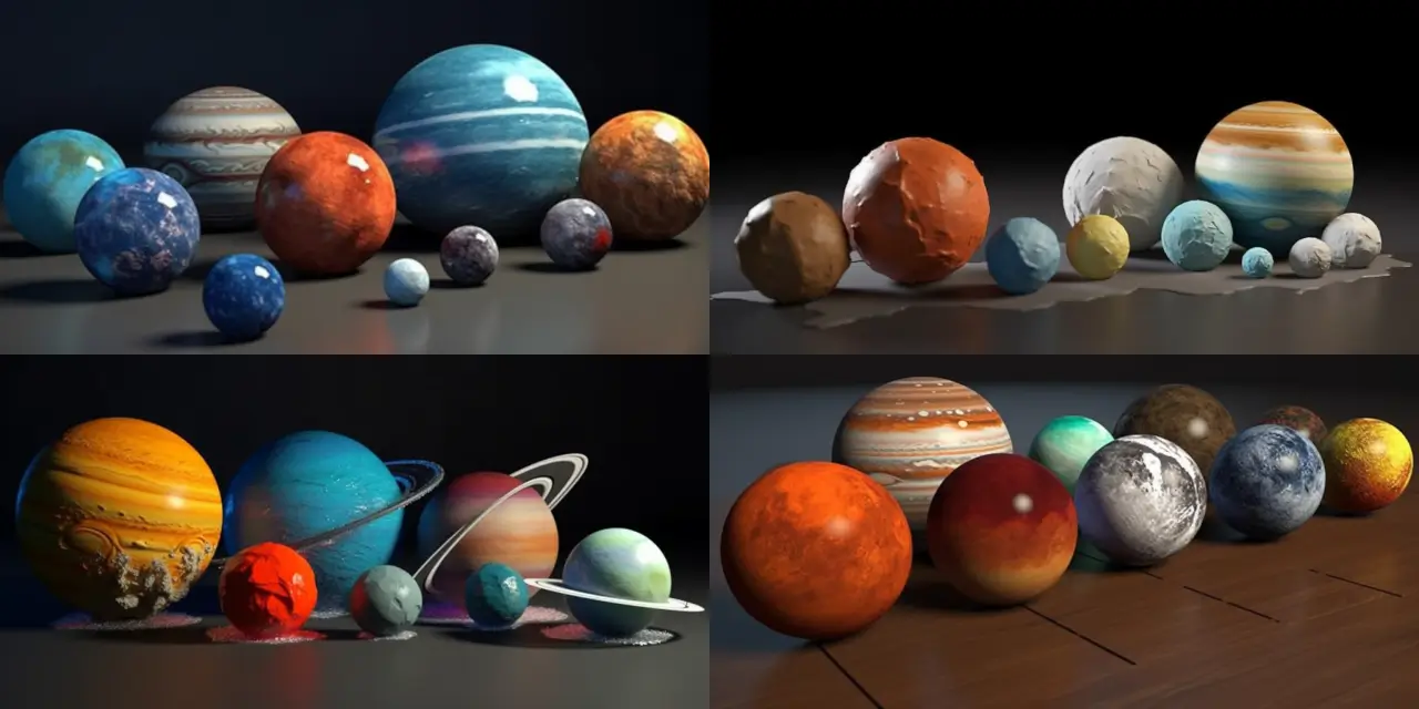 Create a 3D solar system model featuring {{number_of_planets}} detailed planets, including intricate {{topographical_feature_1}}, {{topographical_feature_2}}, and {{atmospheric_phenomenon}}. Incorporate a variety of {{number_of_spaceships}} {{spaceship_type_1}} and {{spaceship_type_2}} spaceships, along with scattered {{number_of_asteroids}} asteroids. Optimize the design for 3D printing and evoke a feeling of {{theme}}. Consider incorporating artistic elements from {{artist_name}} or using a {{art_style}} style.