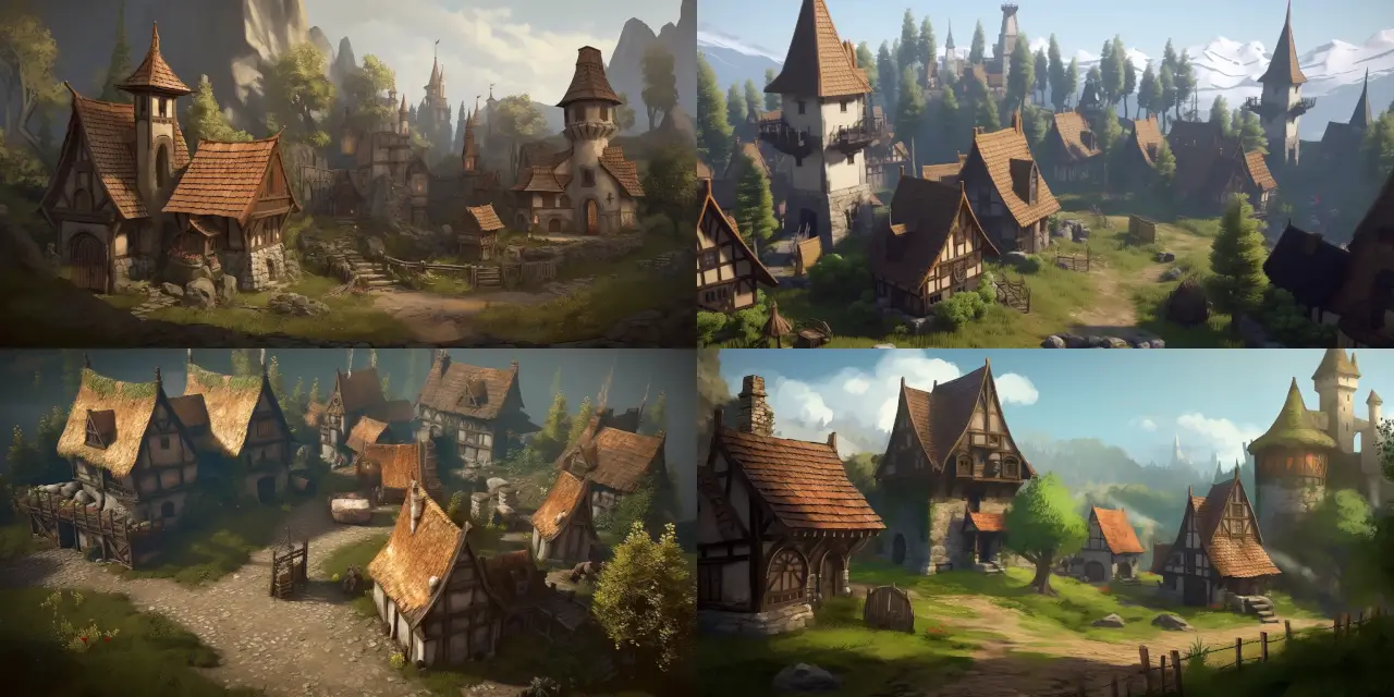 Create a medieval fantasy village environment with charming {{cottage_type}} cottages and a towering {{castle_description}} castle in the distance. The village should include {{number_of_houses}} houses, a {{village_center_structure}} in the center, and a surrounding {{natural_feature}}. Style the environment as Mobile Game Art, incorporating elements such as {{art_element_1}}, {{art_element_2}}, and {{art_element_3}}. Consider incorporating the work of artists like {{artist_1}} and {{artist_2}} for inspiration.