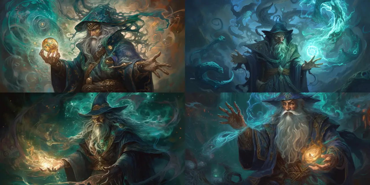 Illustrate a powerful {{sorcerer}}, casting a breathtaking {{spell}}, surrounded by intricate {{arcane_symbols}} and vibrant {{energy_swirls}} enveloping them, in a captivating Game Character Design. The sorcerer should exhibit strong feelings of {{theme_1}} and {{theme_2}}, while the style of the illustration should be reminiscent of {{artist_1}} and {{artist_2}} with a touch of {{art_style}}. The medium could be a {{medium_choice}}, emphasizing the intensity and allure of the sorcerer's magical prowess.