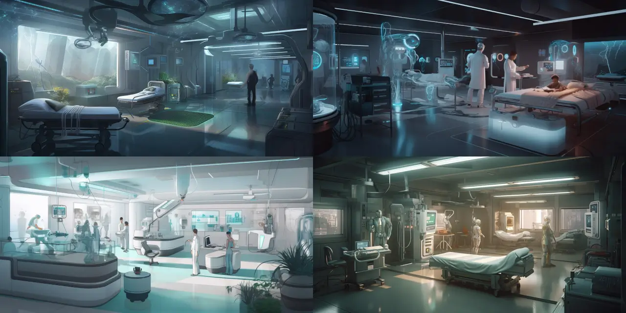 Design a futuristic healthcare scenario where {{number_of_robots}} robots and AI play significant roles, including AI doctors, robotic nurses, and {{specific_robot_role}} attending to patients in a {{adjective_1}} hospital. Visualize the AI and robotic healthcare professionals with various functions such as {{function_1}}, {{function_2}}, and {{function_3}}. Capture the essence of the solarpunk and cyberpunk styles, with a touch of dreamlike surrealism as the backdrop for this advanced medical setting. Depict the interactions between robotic healthcare providers and their patients in a {{medium_1}} art style, drawing inspiration from the works of artists such as {{artist_1}}, {{artist_2}}, and {{artist_3}}. Convey the strong theme of humanity's unending desire for knowledge and continuous improvement in the realm of healthcare.