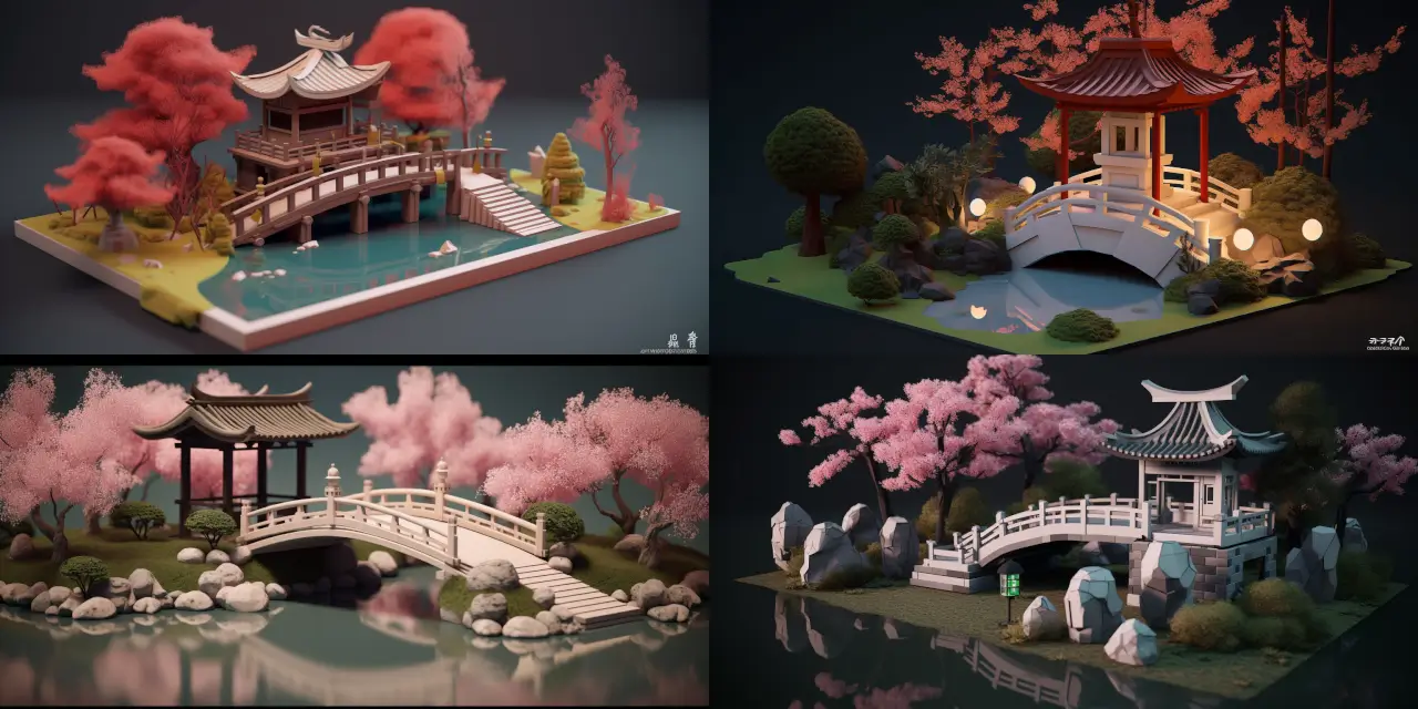 Illustrate a tranquil Japanese garden featuring {{element_1}}, {{element_2}}, and {{element_3}} for 3D Printing. Capture the essence of a peaceful scene with abundant cherry blossoms, lively koi ponds, and traditional pagodas. Incorporate elements inspired by the art styles of {{artist_1}} and {{artist_2}}. Emphasize depth and detail for optimal 3D printing results, while invoking a strong sense of serenity and connection to nature.