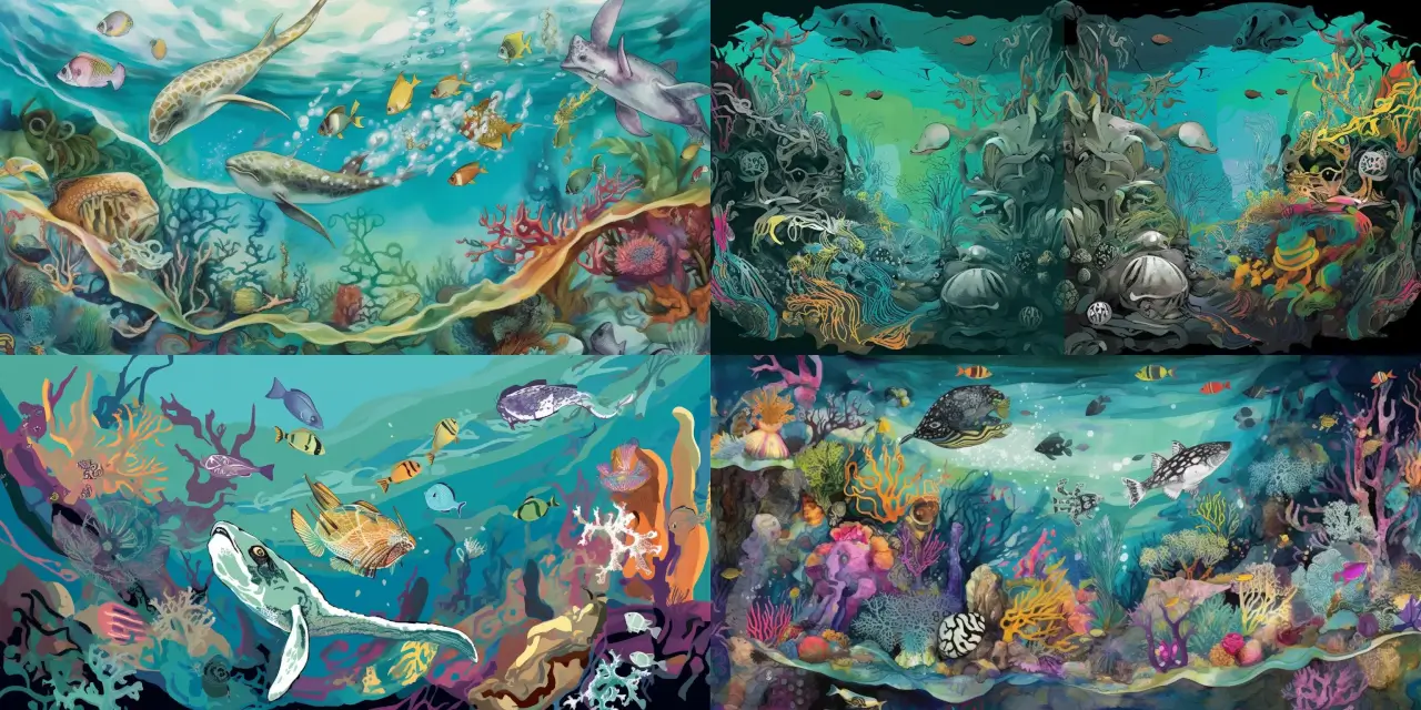 Design a surreal underwater scene featuring {{sea_creature_1}}, {{sea_creature_2}}, and {{sea_creature_3}} adorned with distinct animal print textiles ({{animal_print_1}}, {{animal_print_2}}, and {{animal_print_3}}). Create an atmosphere that invokes the feeling of {{feeling_1}} and {{feeling_2}} while incorporating the art styles of {{art_style_1}} and {{art_style_2}}. Utilize inspirations from {{artist_1}} and {{artist_2}} to bring the scene to life, implementing the following mediums: {{medium_1}}, {{medium_2}}, and {{medium_3}}. Emphasize the harmony between the {{adjective_1}} sea creatures and their visually striking animal print textures in the underwater landscape.