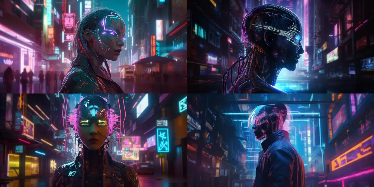 Show a hybrid human-android, with {{half_face}} of their face revealing exposed circuitry, standing in front of a high-tech building featuring a {{hologram_interface}}. The scene should evoke a sense of {{feeling_1}} and {{feeling_2}}, set within a {{cyberpunk_style}} art style. Capture intricate details of the android's face and the futuristic architecture, along with elements like {{element_1}} and {{element_2}} to further enhance the ambiance. Use a medium such as {{medium_1}} or {{medium_2}} to depict the scene in a truly captivating manner.