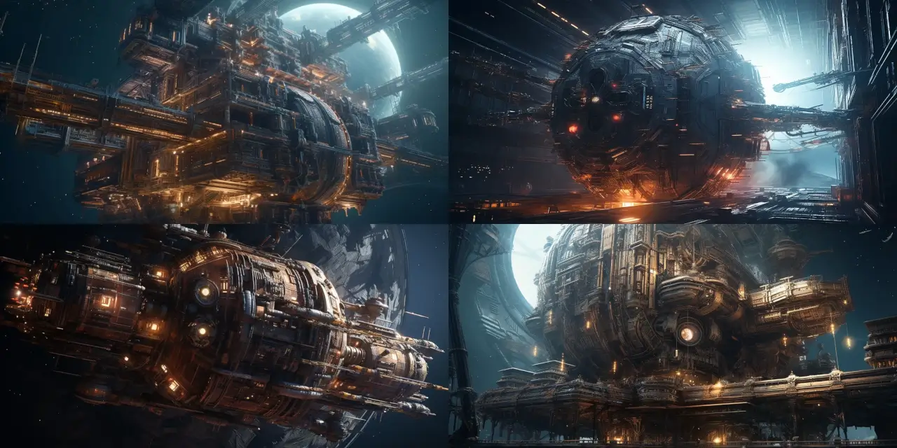 A colossal, {{age}} space station, orbiting a {{phenomenon_1}}, adorned with countless {{technology_1}} and {{technology_2}} protruding from its intricate architecture. The scene encapsulates a perfect fusion of {{style_1}} and {{genre_1}} art.