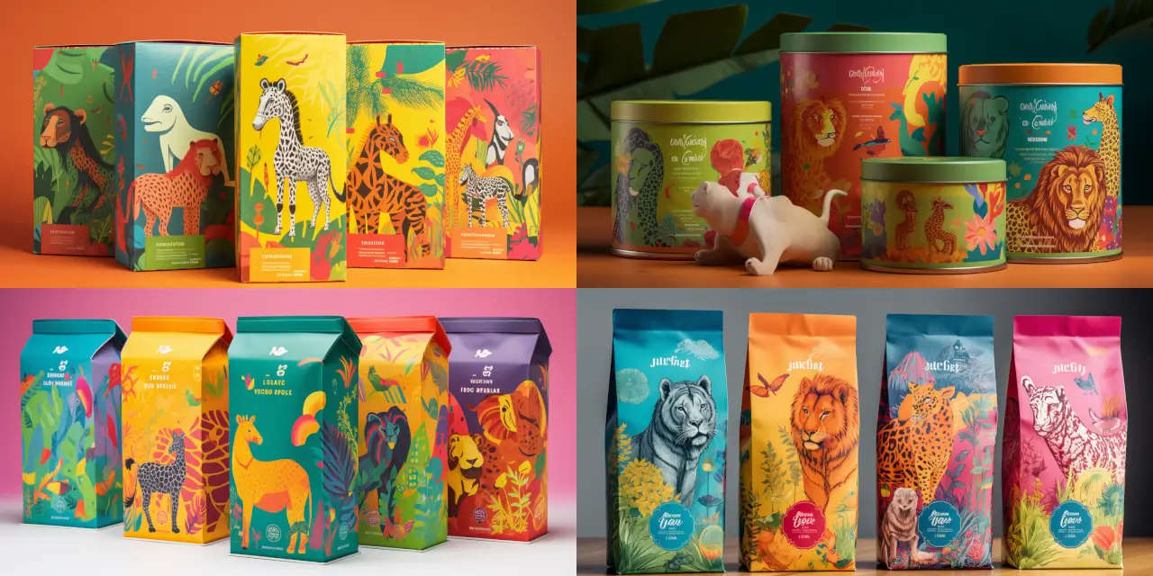 Illustrate a vibrant scene of {{number_of_animals}} animals, including a {{animal_1}}, a {{animal_2}}, and a {{animal_3}}, joyously feasting on their respective favorite foods for a pet food brand food packaging design. Capture the excited expressions and playful interactions of the animals as they indulge in their delicious meals, invoking a sense of {{feeling_1}} and {{feeling_2}}. Set the scene in a {{setting}} with colorful and inviting elements, such as {{element_1}} and {{element_2}}. Render the illustration in a {{art_style}} style, reminiscent of the works by {{artist_1}} and {{artist_2}}, using a medium such as {{medium}} to bring the scene to life.