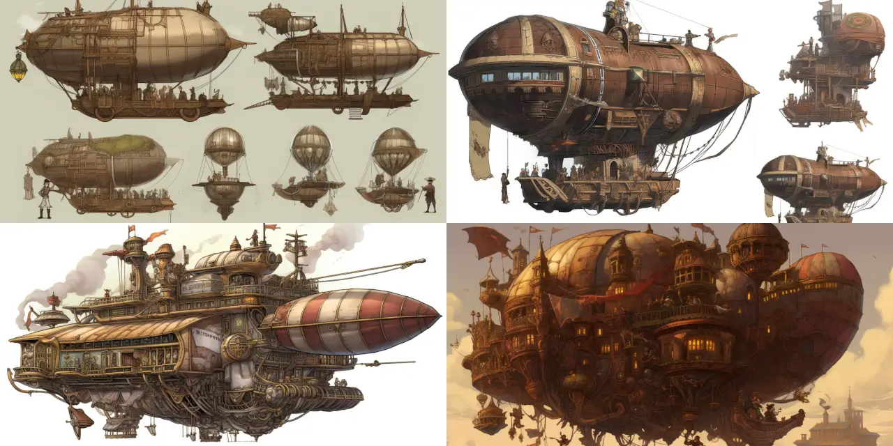 Design a steampunk-inspired flying airship with intricate details, reflective of {{steampunk_element_1}} and {{steampunk_element_2}}, featuring a crew of {{number_of_characters}} anime-styled characters as crew members. Each character should embody a unique role, such as the {{character_role_1}}, {{character_role_2}}, and {{character_role_3}}, posed in dynamic {{character_pose_1}}, {{character_pose_2}}, and {{character_pose_3}} fashion. Emphasize the interaction between the characters in the context of their environment, amidst the backdrop of a {{setting_element}}, creating a sense of {{feeling_or_theme}}. Make use of the art style {{art_style_1}} and incorporate the influence of artists like {{artist_influence_1}} and {{artist_influence_2}}. Render the design through a {{chosen_medium}}. Anime-Styled Game Art.