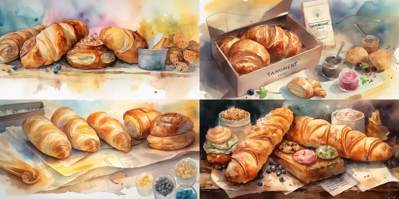 Develop a watercolor painting for a bakery food packaging design, featuring {{bread_type_1}}, {{bread_type_2}}, and a selection of {{pastry_type_1}}, {{pastry_type_2}}. Incorporate a {{color_schemes}} theme, capturing the essence of fresh-baked, delectable treats, and evoking a sense of {{emotion_1}} and {{emotion_2}}. Render the painting in the artistic style of {{artist_influence}} to create a unique and visually enticing design.