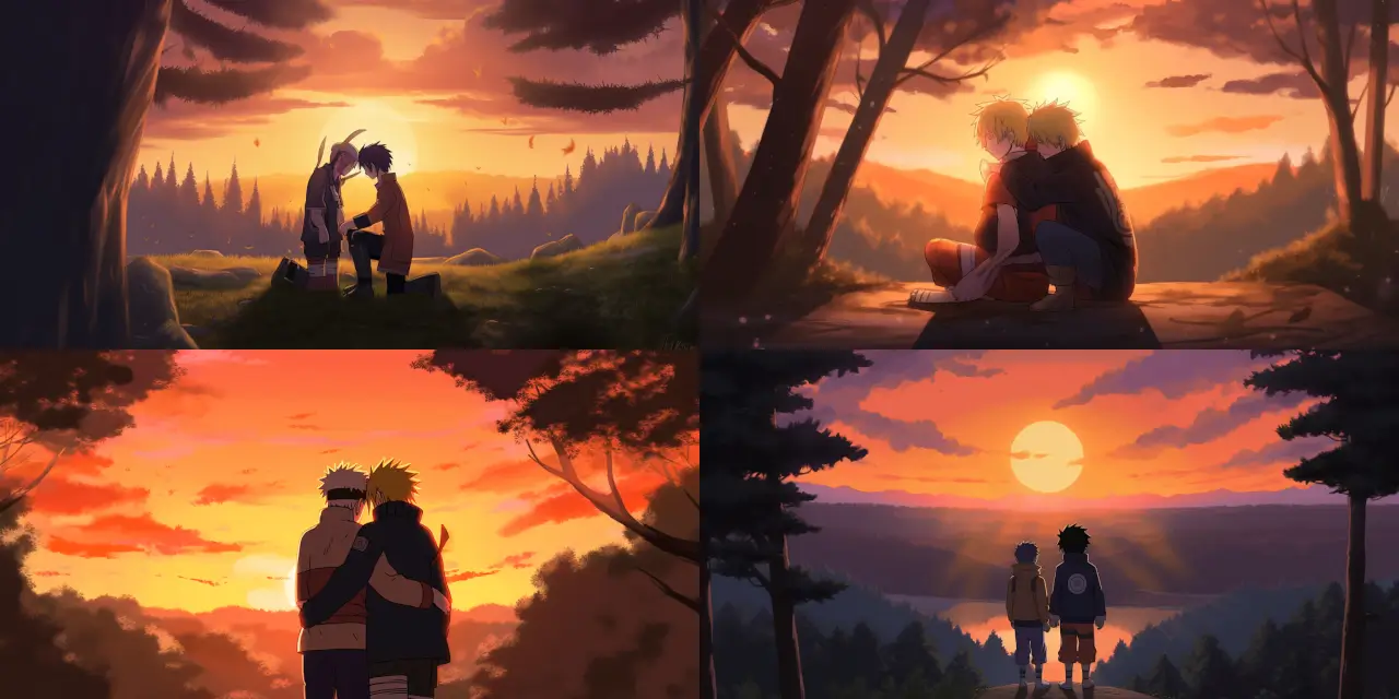 An emotionally powerful anime scene portraying the protagonist, {{character_1}}, tearfully hugging their close friend, {{character_2}}, as they prepare to depart on a dangerous mission. The background captures a breathtaking {{background_setting}} with a blazing sunset illuminating their heart-wrenching farewell. The art style should reflect the unique aesthetic of Anime-Styled Game Art, emphasizing the intensity of feelings and strong bonds between the characters.
