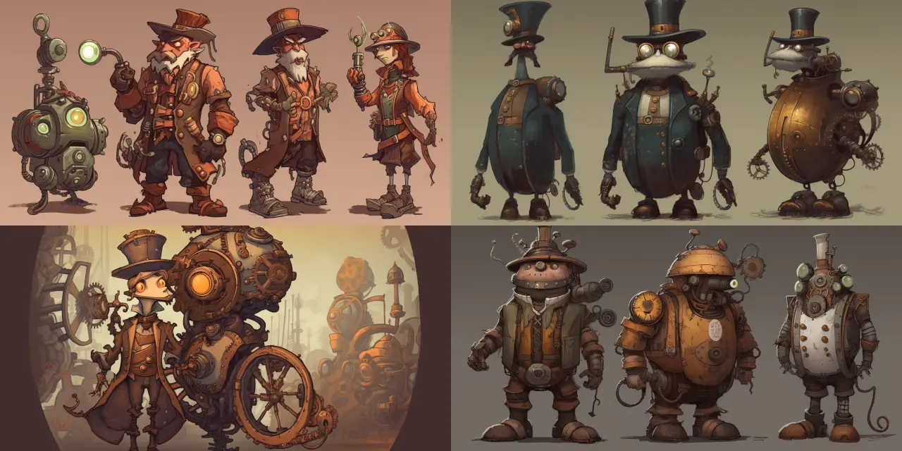 Design a cartoon character that is a {{steampunk_inspired}} robot with {{exaggerated_features}} in a {{cartoon_style}}. Include elements like gears, cogs, steam engine, and Victorian-era attire. Consider incorporating themes like {{industrial_revolution}}, exploration, and adventure. Reference art styles such as Disney, Anime, or Adventure Time, and let your creativity flow. Don't forget to experiment with different mediums, like watercolor, pencil sketch, or digital art, to bring this steampunk-inspired robot to life.