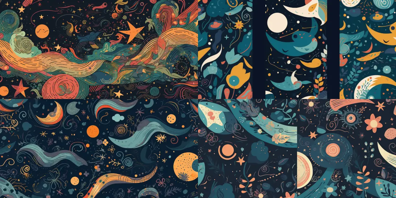 Create a pattern design filled with celestial elements, incorporating {{element_1}}, {{element_2}}, and {{element_3}}, which could be stars, moons, or constellations. Ensure the pattern evokes a mystical theme with the use of {{style_1}} and {{style_2}} art styles, such as surreal, dreamlike, or impressionism. The design should provoke feelings of {{feeling_1}} and {{feeling_2}}, like a sense of awe or a desire for knowledge. You may draw inspiration from artists like {{artist_1}} and {{artist_2}}, for instance, Salvador Dali or Wassily Kandinsky. Choose a medium to create the pattern, such as {{medium_1}}, which can range from watercolor painting to digital art.