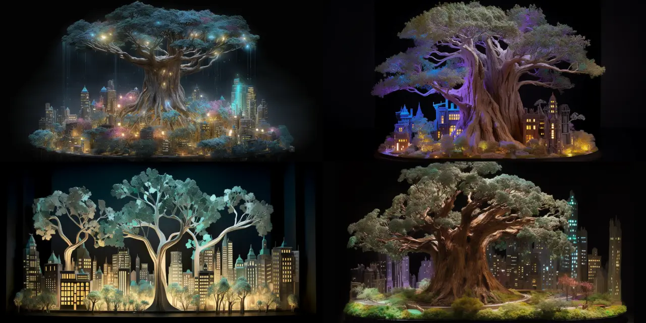 Devise a city skyline featuring a massive magical tree, {{tree_name}}, as the centerpiece, with buildings seamlessly integrated into its {{number_of_branches}} branches and {{number_of_roots}} roots. Surround the tree with bioluminescent plants, such as {{plant_1}}, {{plant_2}}, and {{plant_3}}, to illuminate the scene. The architectural style should resonate with themes of {{theme_1}}, {{theme_2}}, and {{theme_3}}. Showcase the Fantasy Map Design in a medium like {{medium_1}} or {{medium_2}}, and draw inspiration from artists such as {{artist_1}}, {{artist_2}}, and {{artist_3}}.