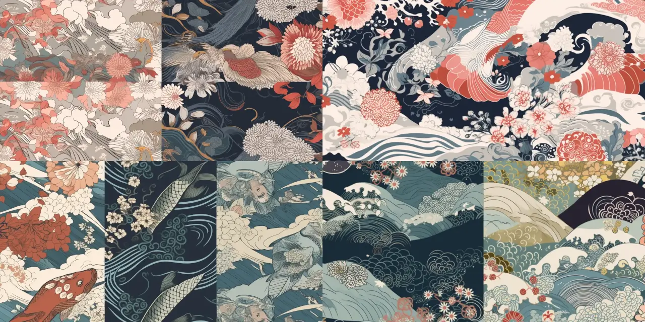 Design a pattern inspired by traditional Japanese motifs, such as {{motif_1}}, {{motif_2}}, and {{motif_3}}, for an elegant kimono. Incorporate elements that evoke a {{theme_1}} and {{theme_2}}. Utilize a medium like {{medium_1}} or {{medium_2}} to create a style that blends {{art_style_1}} and {{art_style_2}}. Consider featuring the work of artists like {{artist_1}} or {{artist_2}} as inspiration. Aim for a pattern that conveys a sense of {{feeling_1}}, while maintaining the sophistication and intricacy of traditional Japanese kimono designs.