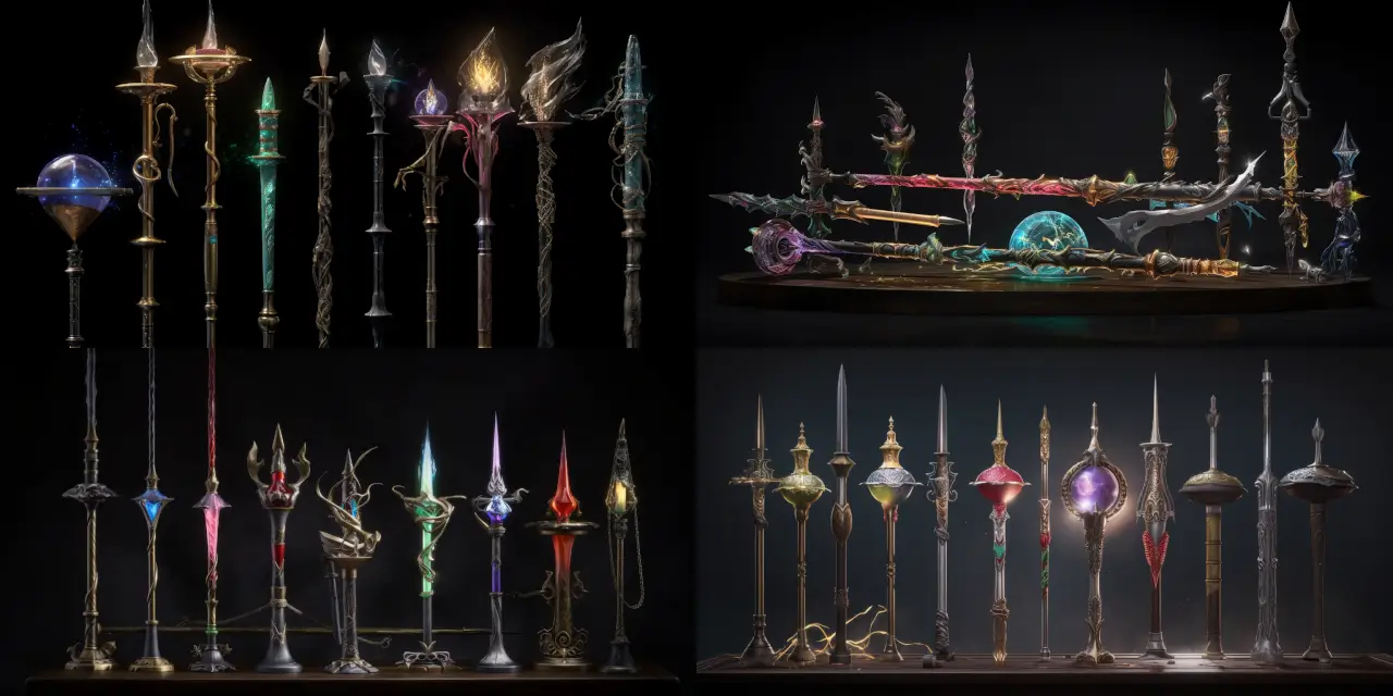 A visually striking collection of {{number_of_weapons}} beautifully crafted, levitating weapons, each possessing distinctive magical properties, set against a dark, enigmatic backdrop. The awe-inspiring ensemble should feature a {{flaming_sword}}, an {{icy_bow_and_arrow}}, and a {{lightning_infused_staff}}, all effortlessly suspended mid-air. The artist may explore various styles, such as surreal, dreamlike, or impressionism, to bring these Magical Props & Artifacts to life, evoking a palpable sense of wonder and power.