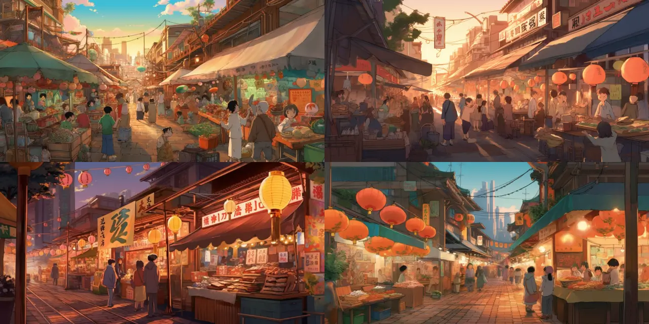 Explore a bustling Tokyo street market filled with food stalls and shops, captured during a summer sunset, as an Anime Background Art. The scene showcases various elements like {{element_1}}, {{element_2}}, and {{element_3}} amidst colorful and lively characters. The style reflects influences from Studio Ghibli and {{artist}}, depicting the market with a sense of {{feeling_1}} and {{feeling_2}}. The medium used is {{medium_1}}, which adds a unique touch to the vibrant setting. Capturing the essence of a summer evening, the sun casts a warm glow, creating an atmosphere of {{atmosphere_1}} and {{atmosphere_2}}.