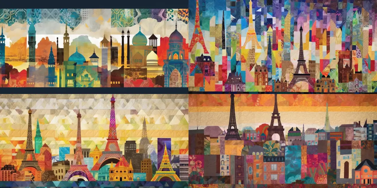 Design a vibrant cityscape depicting {{number_of_styles}} architectural styles from different world cultures, such as {{culture_1}}, {{culture_2}}, and {{culture_3}}, blended seamlessly into an urban mosaic. Incorporate elements from famous buildings like {{landmark_1}} and {{landmark_2}}. Utilize a Collage Art style with various materials like {{material_1}}, {{material_2}}, and {{material_3}} to emphasize the unique fusion of cultural influences in this imaginative city. Emphasize strong feelings or themes, such as {{theme_1}} and {{theme_2}}, representing the harmonious coexistence of diverse cultures within the cityscape.