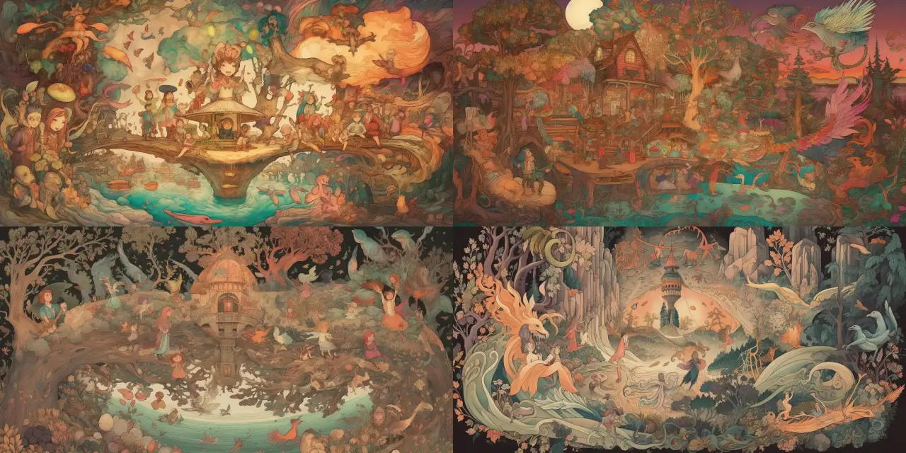 A whimsical illustration of {{number_of_children}} magical children, each with their unique {{magical_trait_1}}, {{magical_trait_2}}, and {{magical_trait_3}}, riding on their respective {{mysterious_creature_1}}, {{mysterious_creature_2}}, and {{mysterious_creature_3}} through an enchanted forest, filled with {{forest_element_1}}, {{forest_element_2}}, and {{forest_element_3}}. The illustration should evoke a sense of wonder, adventure, and innocence, capturing the essence of a children's book in the art style of {{artist_reference_1}} or {{artist_reference_2}}, utilizing a vibrant color palette and soft, intricate details.