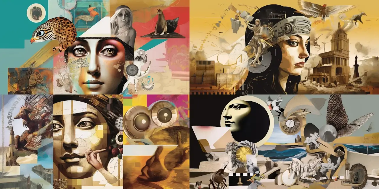 Create a collage art scene depicting an alternate reality where {{historical_figure_1}}, {{historical_figure_2}}, and {{historical_figure_3}} interact with modern-day technology, such as {{technology_1}}, {{technology_2}}, and {{technology_3}}. Incorporate a sense of {{theme_1}} and {{theme_2}} that showcases the impact of technology on their lives, work, and relationships. Use a blend of different artistic styles, like {{style_1}}, {{style_2}}, and {{style_3}}, to seamlessly combine the elements and create a visually cohesive scene. Consider using distinct mediums, such as {{medium_1}} and {{medium_2}}, to highlight the contrast between historical figures and futuristic technology, while maintaining balance and harmony within the composition.