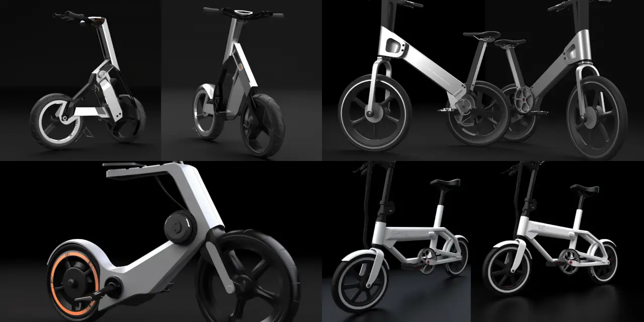Create a unique folding electric bicycle, featuring {{material_1}} frame, {{feature_1}} LCD display, and {{power_level}} powerful motor. Showcase the bicycle in a {{style_1}} 3D product visualization, presented at various angles such as {{angle_1}}, {{angle_2}}, and {{angle_3}}. Incorporate elements of {{design_theme_1}} and {{design_theme_2}} to emphasize its innovative and futuristic design.