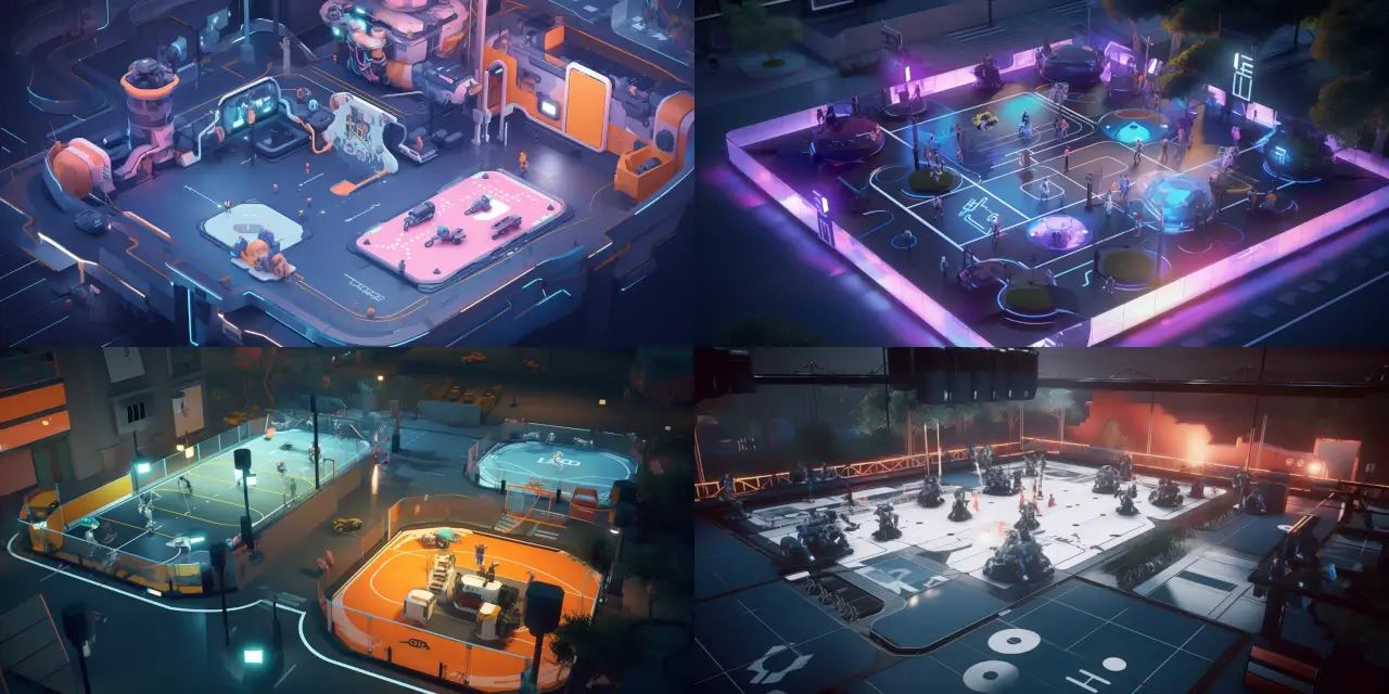 Depict a leisure scene set in a {{location_1}} where {{number_1}} humans and {{number_2}} robots engage in a futuristic sports competition, showcasing unique game designs such as {{game_1}}, {{game_2}}, and {{game_3}}. Incorporate AI referee systems designed with {{feature_1}} and {{feature_2}} capabilities. Capture the essence of the perfect Robot & AI Design by highlighting the interaction between humans and robots, including their {{emotion_1}} and {{emotion_2}} expressions. Render this scene in a {{art_style_1}} style, taking inspiration from artists like {{artist_1}} and {{artist_2}}. Utilize {{medium_1}} as the primary medium for this artwork.