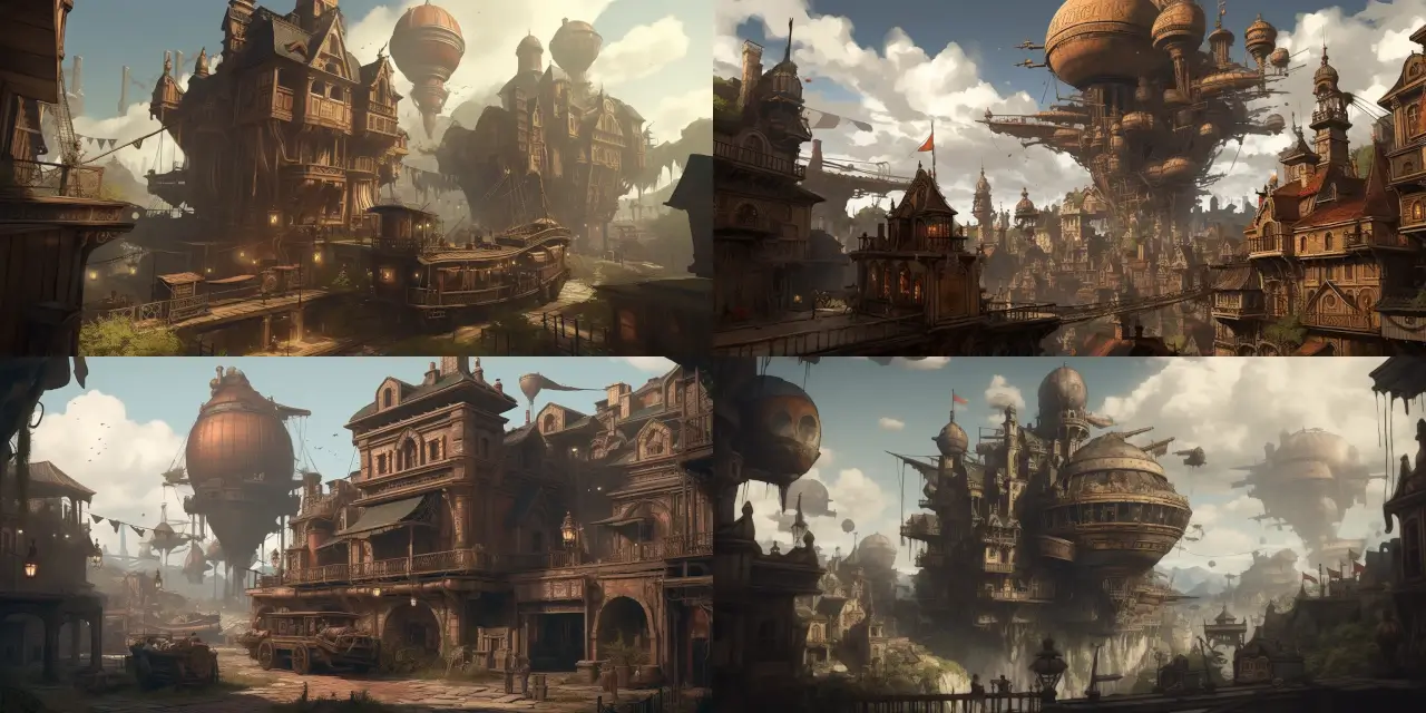 Illustrate a stunning steampunk city showcasing {{number_of_buildings}} intricately designed buildings, with elaborate machinery, {{number_of_airships}} airships gracefully soaring overhead, and countless gears seamlessly integrated into the architecture. The style should convey a sense of wonder, as if one is exploring a magnificent Game Environment Art. The scene should incorporate elements like {{specific_machinery}}, {{specific_architecture}}, and {{specific_transportation}} to further enhance the steampunk feel, all while maintaining a rich color palette and hints of {{artistic_style}}. Capture the essence of a thriving metropolis that effortlessly blends the old and the new, evoking the work of artists such as {{artist_influence_1}} and {{artist_influence_2}}.