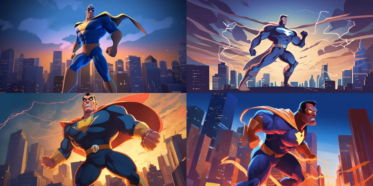 Create a caricature of a muscular superhero, featuring {{hero_name}}, with exaggerated {{muscle_groups}} and a {{color_1}} cape, soaring above a {{time_of_day}} cityscape. The caricature should showcase the superhero's unique {{costume_features}} and emphasize their {{signature_action}}. The cityscape should include iconic {{landmarks}} and embody a {{city_style}} atmosphere. Capture the scene's energy and power through a {{art_style}} approach, highlighting bold contrasts and vibrant colors, while referencing the artistry of {{artist_influence}} for inspiration. Render the final piece in the medium of {{preferred_medium}}.
