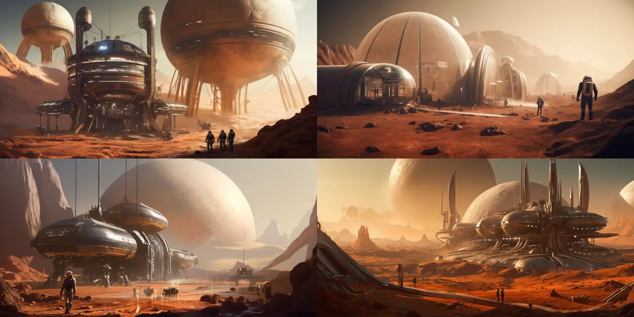 A detailed depiction of {{scene_1}}, set on Mars, featuring {{number_1}} futuristic and sleek domed structures forming a robotic colony. The scene captures a sci-fi and space art atmosphere, with tube-like walkways connecting each of the domes, partially buried under Martian dust. Emphasize the architectural elements in the style of {{art_style_1}} and include the dramatic Martian landscape in the background, invoking feelings of {{theme_1}} and {{theme_2}}. Use the medium of {{medium_1}} to bring this vision of Mars to life.