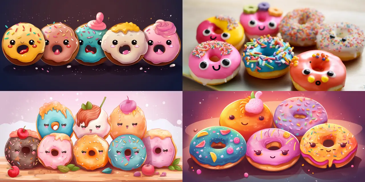 Create an adorable piece of Cute Food Art featuring {{number}} cheerful donuts with rainbow frosting, {{detail_1}} sprinkles, and sweet smiles. The donuts should be set in a cozy environment that has a sense of {{theme_1}}, invoking feelings of happiness and warmth. Utilize art styles such as {{style_1}} or {{style_2}} and include elements from your favorite artists like {{artist_1}} and {{artist_2}}. Render the image in a medium like {{medium_1}} or {{medium_2}} to capture the playful essence and delightful textures of these lovable dessert characters.