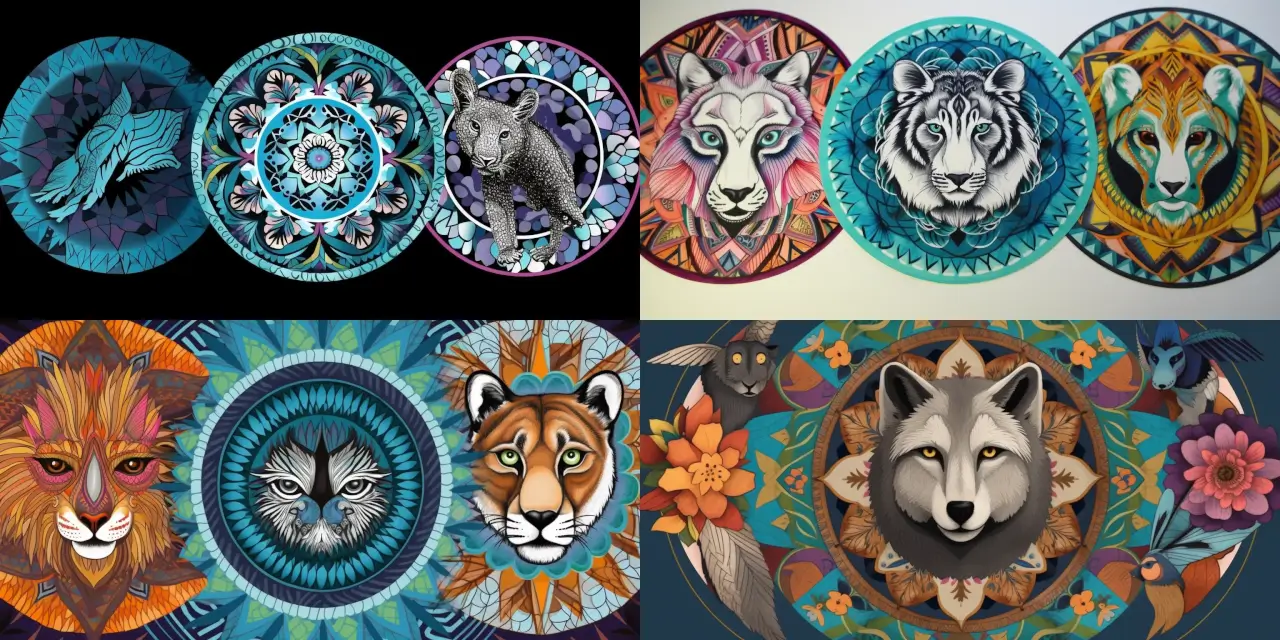 Create a {{style}} mandala pattern incorporating the forms of {{number_of_animals}} different animals, such as {{animal_1}}, {{animal_2}}, and {{animal_3}}, while seamlessly integrating their corresponding prints and textures like {{print_1}}, {{print_2}}, and {{print_3}}. Emphasize the harmony between the animals and their patterns within the mandala, reflecting a sense of {{theme}}. Use a medium, such as {{medium}}, to bring the design to life, and consider drawing inspiration from artists like {{artist_1}} or {{artist_2}}.